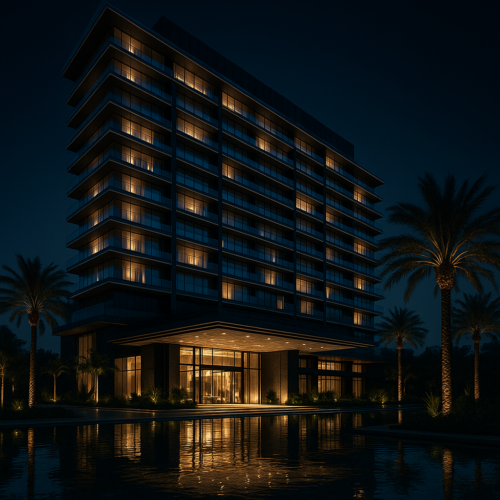 Luxury five-star hotel exterior illuminated at night with modern architecture